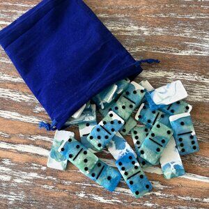 Coastal Water Vibes Resin Dominoes Game with Velvet Bag 28 pieces Blue Green